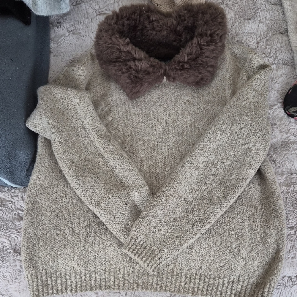 Cozy Brown Sweater with Faux Fur Collar